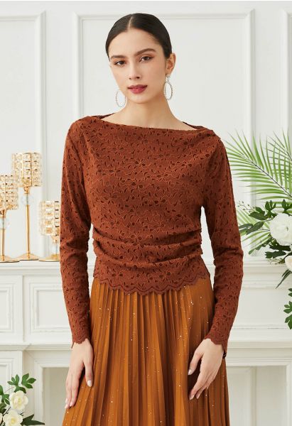 Floral Cutwork Boat Neck Mesh Top in Orange