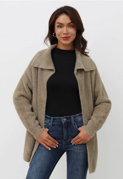 Collared Open Front Fluffy Knit Cardigan in Khaki