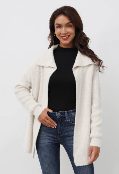 Collared Open Front Fluffy Knit Cardigan in Ivory