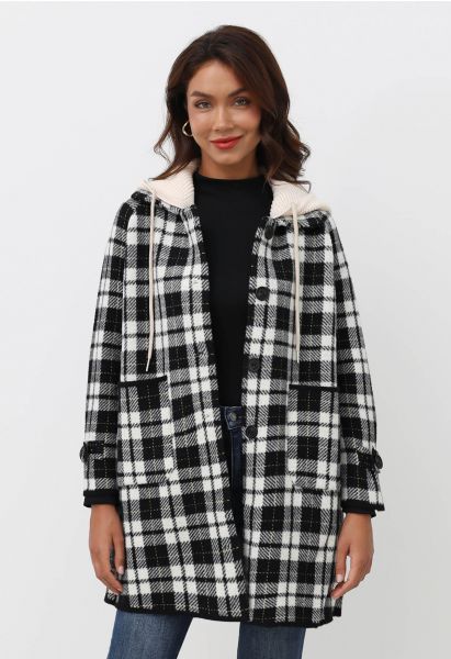 Detachable Hooded Collared Button Down Knit Coat in Plaid