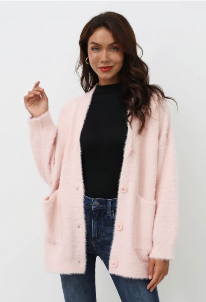 Patch Pocket Button Down Fluffy Knit Cardigan in Pink