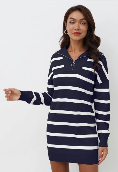 Broad-Striped Zipper Neck Knit Mini Dress in Navy