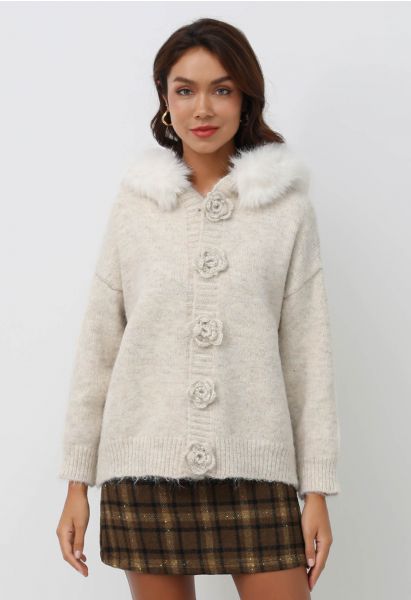 Stitch Rose Button Faux Fur Hooded Knit Cardigan in Oatmeal