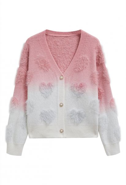 Ombre Fuzzy Heart Buttoned Knit Cardigan