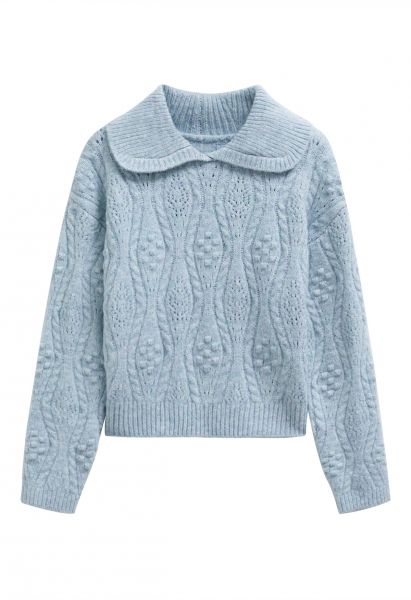 Embossed Dots Collared Knit Sweater in Light Blue