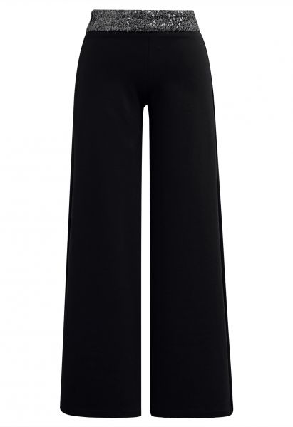 Sequin Accented Waist Straight-Leg Pants in Black