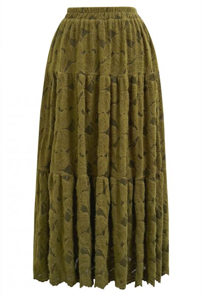 Fuzzy Floral Lace Midi Skirt in Moss Green