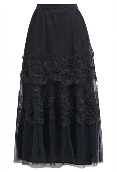 Embroidered Floral Double-Layered Mesh Maxi Skirt in Black