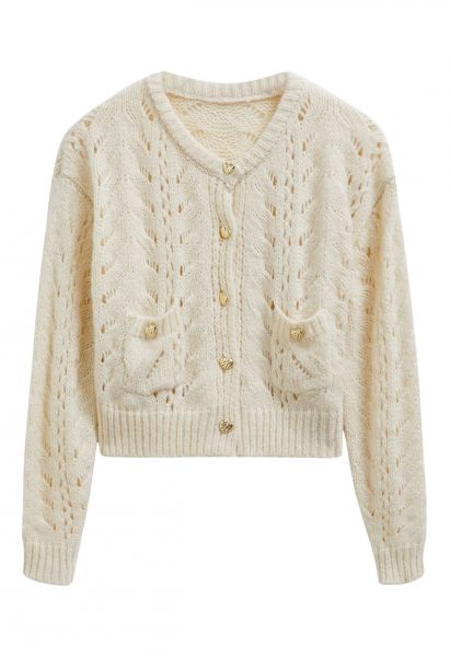 Heart Button Hollow Out Crop Knit Cardigan in Cream