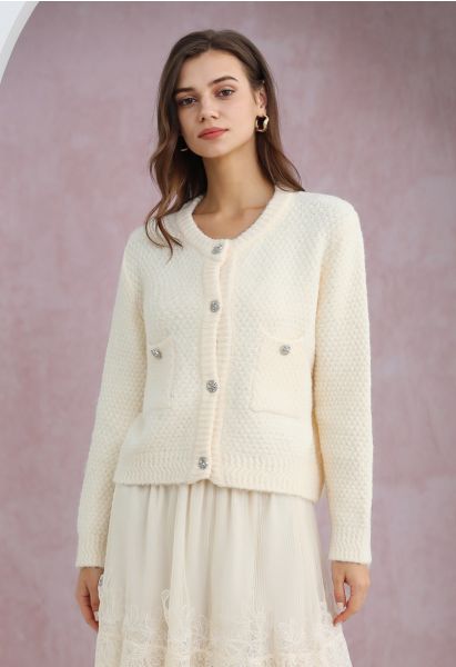 Patch Pocket Buttoned Waffle Knit Cardigan in Ivory