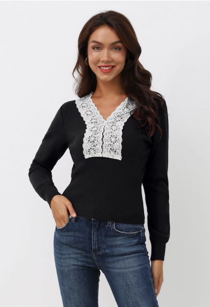 Lace Trim Fitted Knit Top in Black