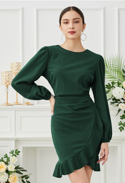 Ruched Side Ruffle Tulip Mini Dress in Dark Green