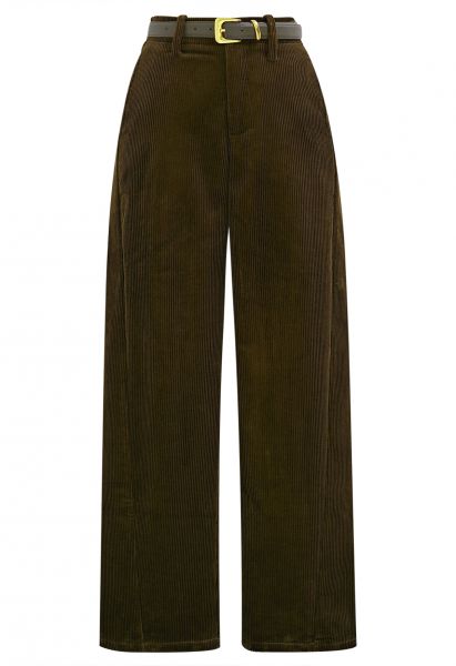 Sturdy Corduroy Belted Straight-Leg Pants in Army Green