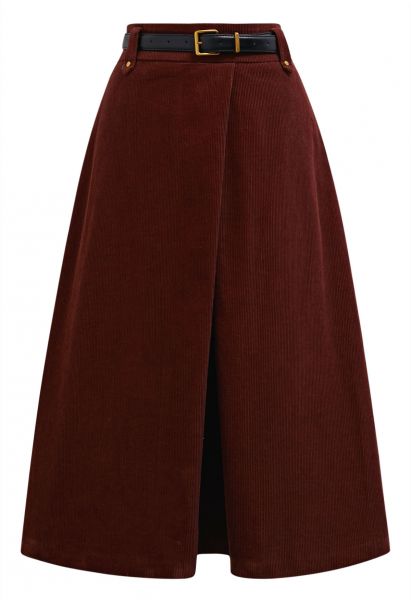 Front Fold Corduroy Belted Midi Skirt