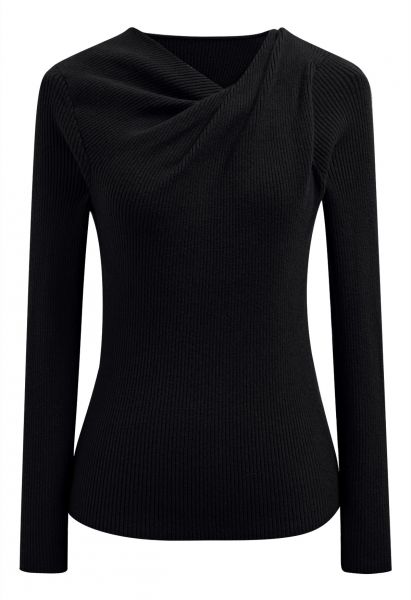 Twist Neckline Ribbed Knit Top in Black