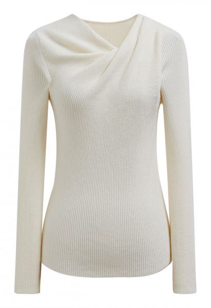 Twist Neckline Ribbed Knit Top in Cream