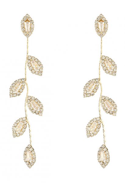 Leaves and Branches Rhinestone Drop Earrings in Gold