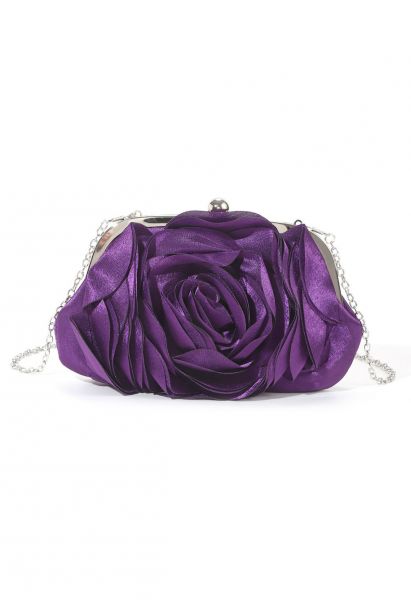 3D Rose Petal Satin Clutch in Purple