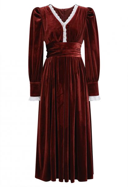 V-Neck Eyelet Embroidery Velvet Midi Dress in Burgundy