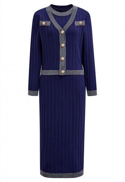 Shimmery Contrast Golden Button Knit Cardigan and Dress Set in Indigo