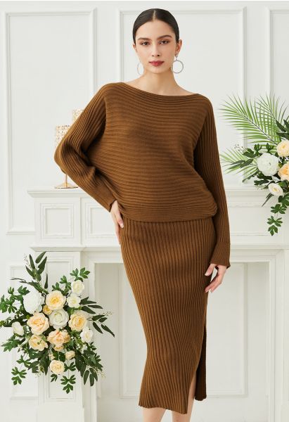 Boat Neck Ribbed Knit Top and Skirt Set in Caramel