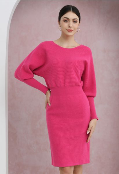 Batwing Sleeves Cinched Waist Knit Dress in Hot Pink