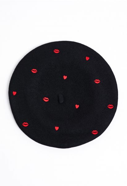 Lips and Hearts Wool-Blend Beret in Black