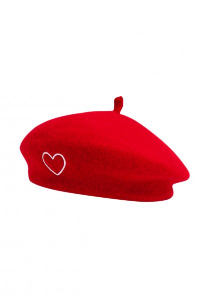 Embroidered Heart Wool-Blend Beret in Red