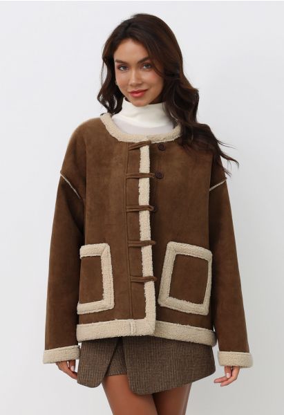 Faux Suede Spliced Sherpa Buttoned Coat in Brown