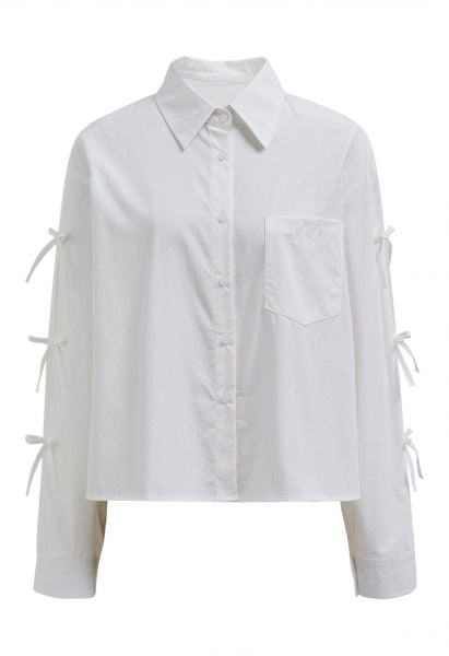 Bowknot Sleeve Patch Pocket Cotton Shirt in White