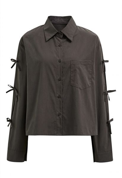 Bowknot Sleeve Patch Pocket Cotton Shirt in Smoke