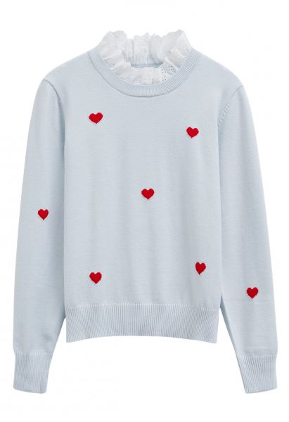 Red Heart Cotton Ruffle Spliced Knit Top in Light Blue