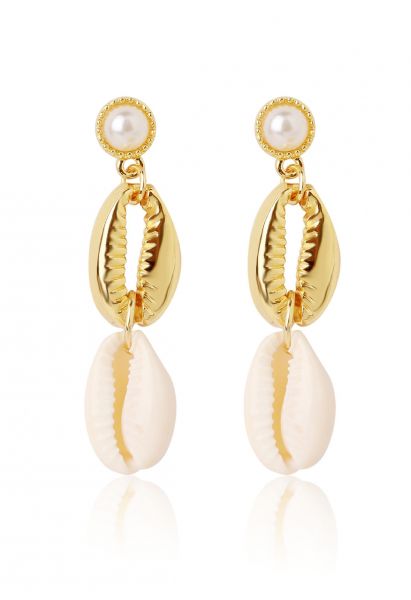 Double Cowrie Shell Charm Pearls Earrings