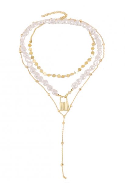 Multi-Layered Coin Pearl Gold Lock Necklace