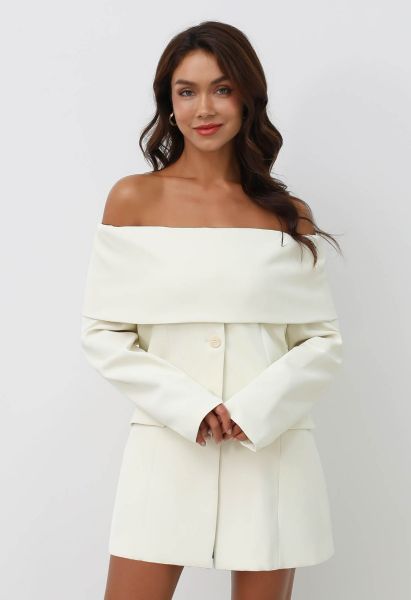 Folded Off-Shoulder Buttoned Blazer in Ivory