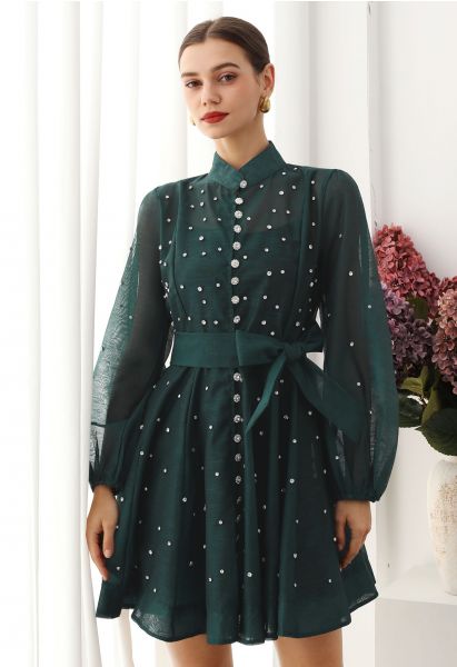 Rhinestone Decor Button Tie-Sash Organza Dress in Dark Green