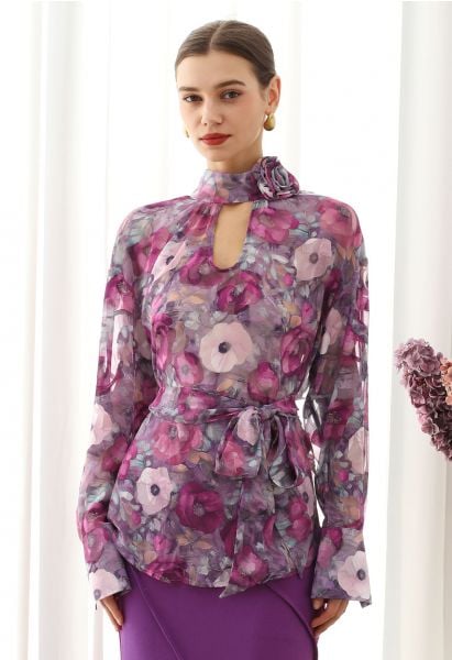 Floral Jacquard Puff Sleeves Asymmetric Chiffon Top