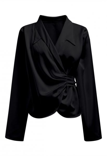 Pointed Collar Self-Tie Wrap Satin Shirt in Black