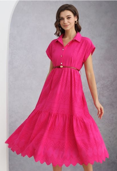 Collared Eyelet Embroidery Buttoned Midi Dress in Hot Pink