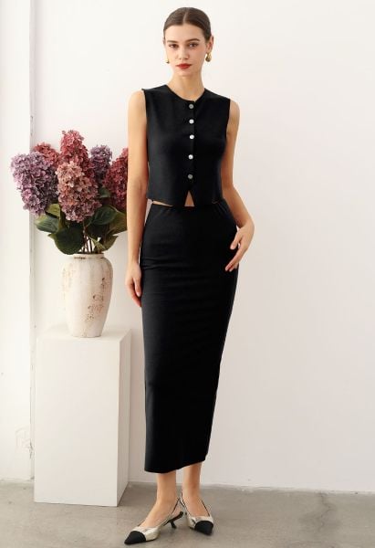 Button Down Crop Vest and Maxi Skirt Set in Black