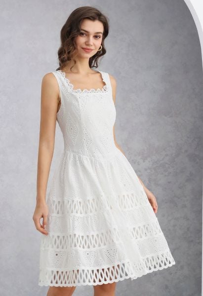 Geometric Eyelet Embroidered Square Neck Sleeveless Dress in White