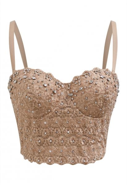 Rhinestone Lace Embroidered Bustier Mesh Crop Top in Apricot