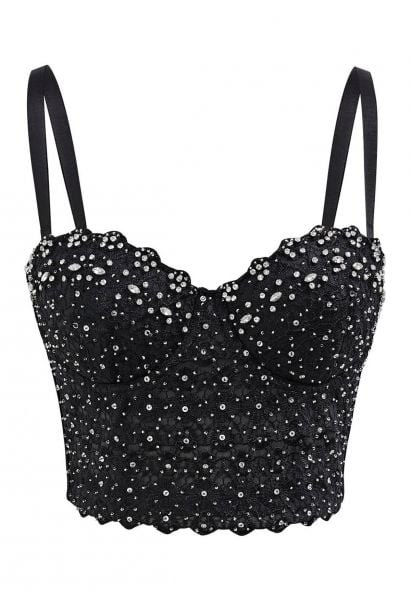 Rhinestone Lace Embroidered Bustier Mesh Crop Top in Black