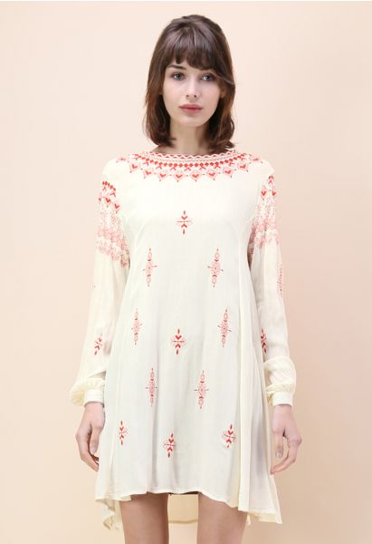 Boho Evocation Embroidered Dress in Beige