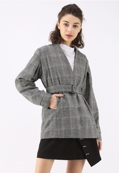 Modern Refined Check Tweed Blazer in Grey