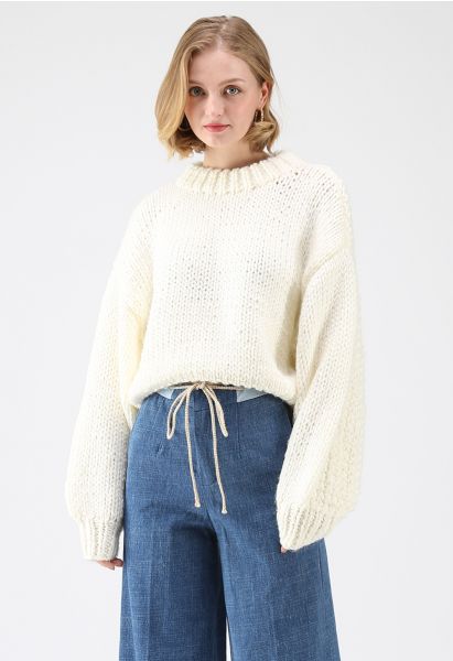 Chunky Chunky Puff Sleeves Cropped Sweater in White