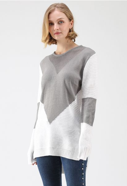 Color Blocking Longline Sweater in Grey