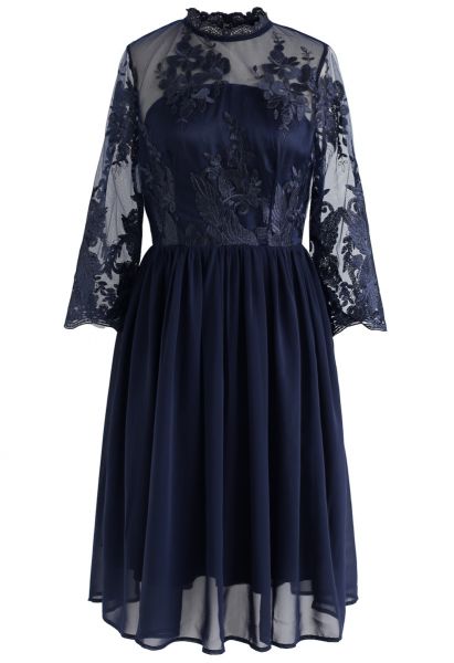 Cheery Moment Embroidered Mesh Chiffon Dress in Navy