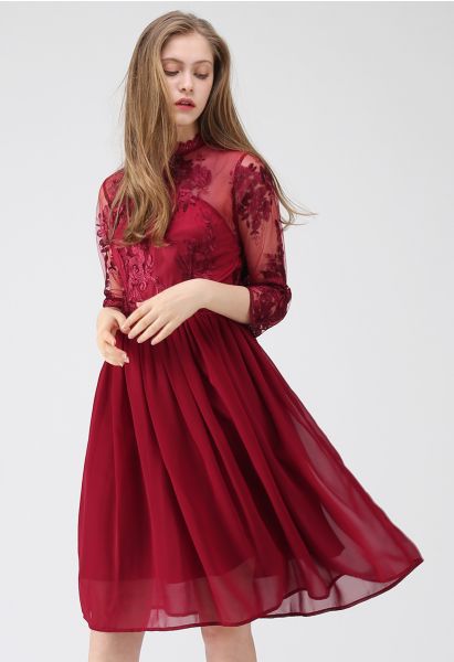 Cheery Moment Embroidered Mesh Chiffon Dress in Red