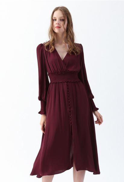 Satin Button Down Wrap Midi Dress in Wine